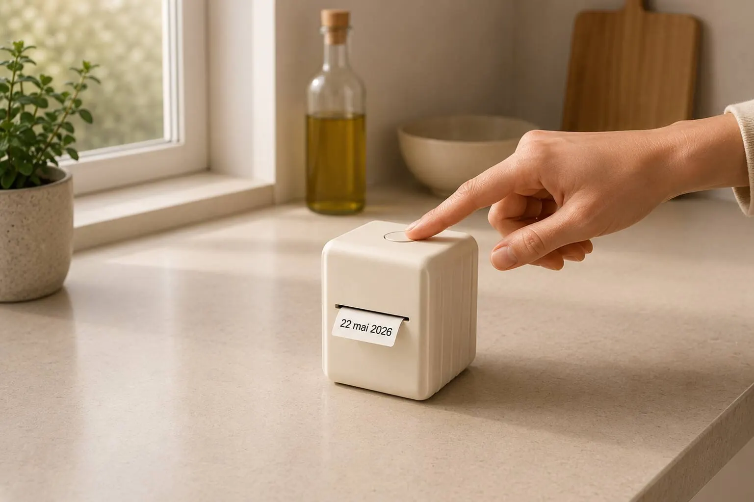Une main qui appuie sur le bouton du produit, étiquette qui sort