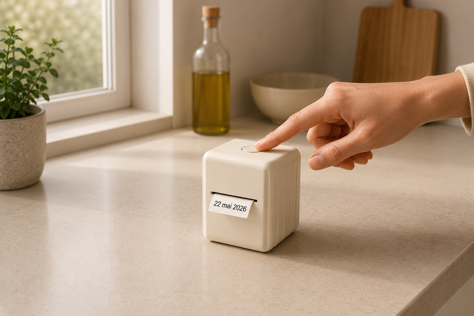 Une main qui appuie sur le bouton du produit, étiquette qui sort