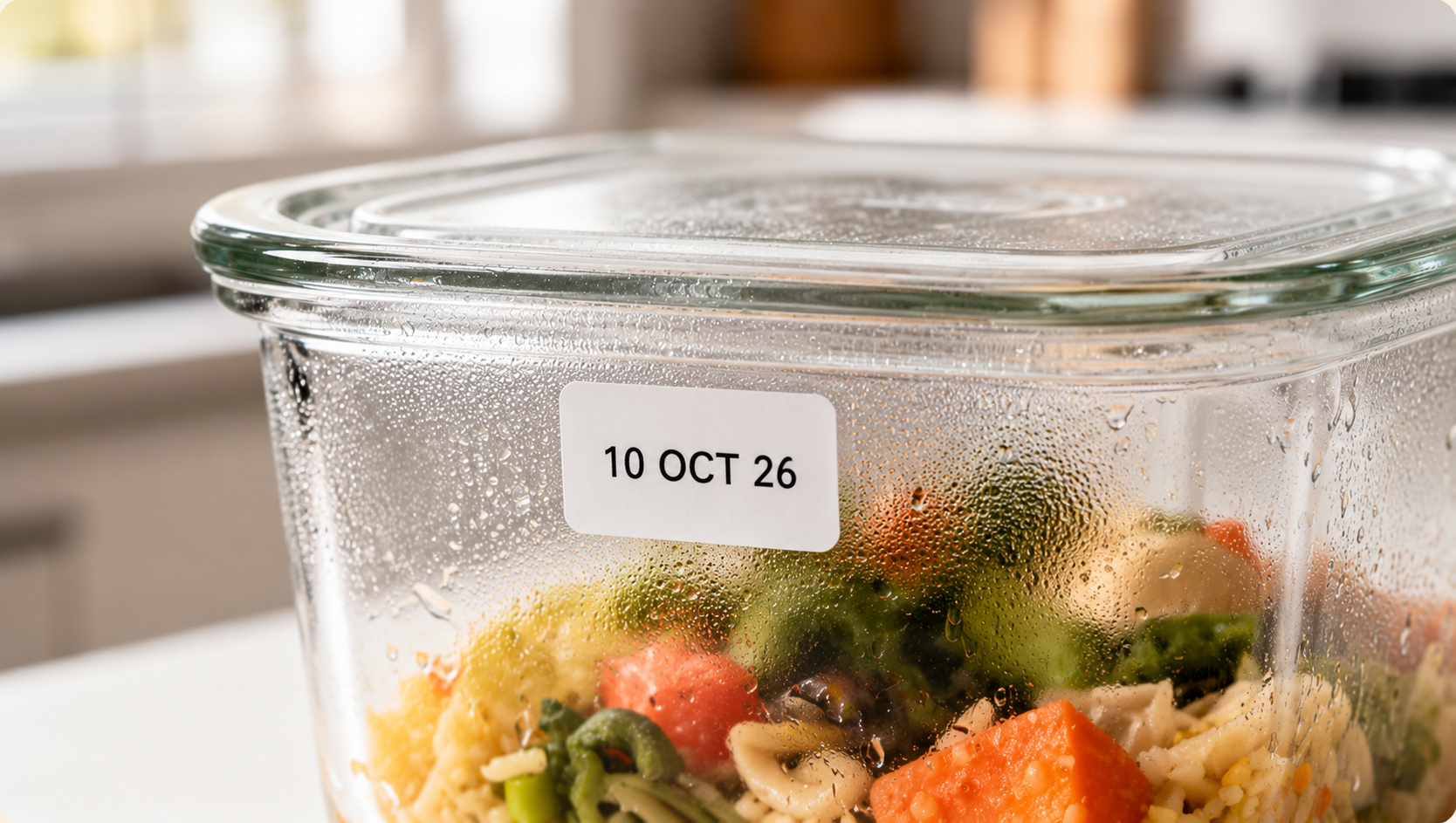 Gros plan d'une étiquette DATIER sur un tupperware